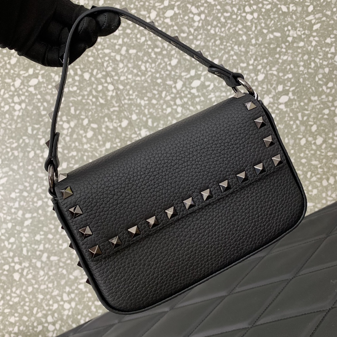 Valentino Garavani Rockstud Small Shoulder Bag in Black Grainy Calfskin